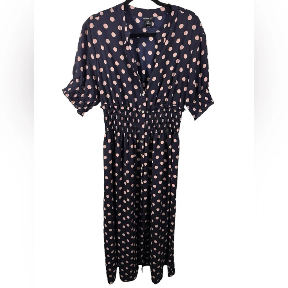 Kate and Lily Navy‎ Blue Polka Dot Simi Sheer Button Front Dress NWT Size 10